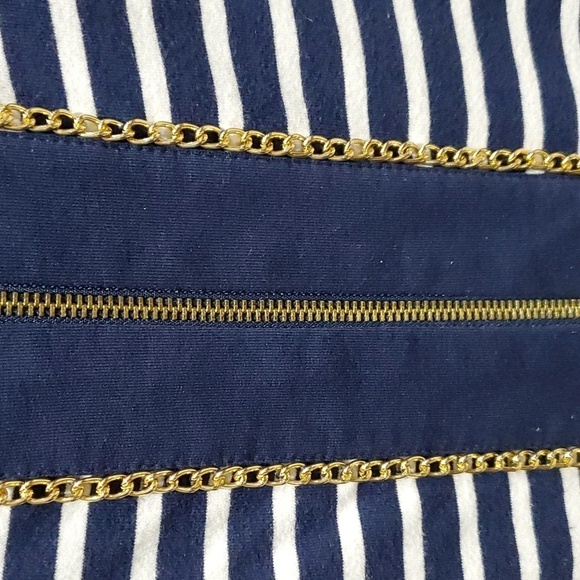 BOSTON PROPER STRIPED ZIP UP CARDIGAN W GOLD CHAIN TRIM NAUTICAL COASTAL SIZE XS - Picture 3 of 9